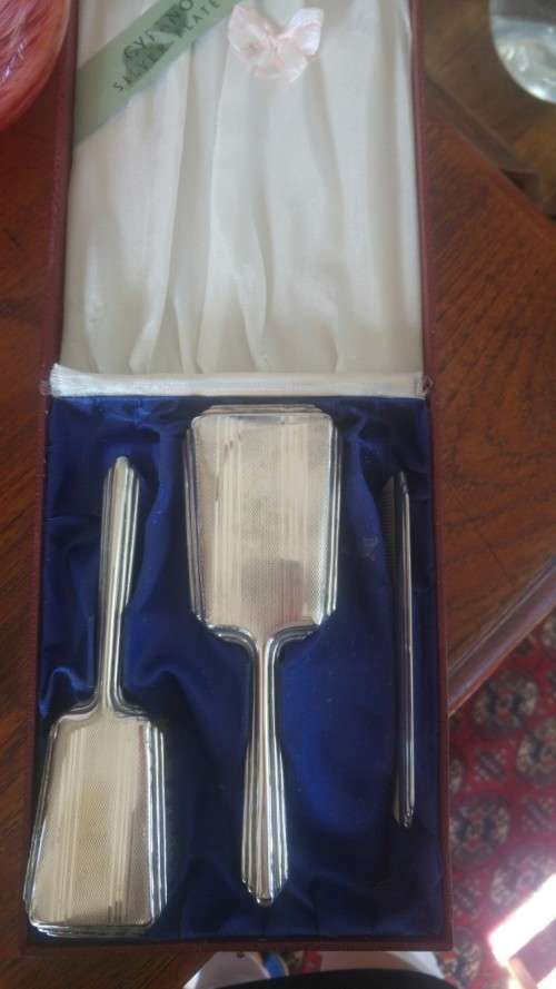 Vintage, silver-plated baby's boxed hairbrush set