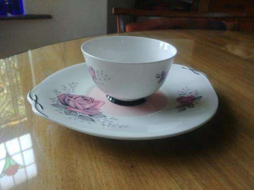 "Fair lady" Queen Anne bone china cake plate and sugar bowl