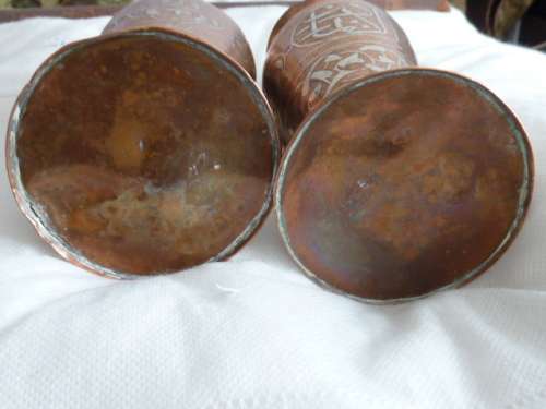 Egyptian Damascene Silver and Copper Vases  circa early 1900's