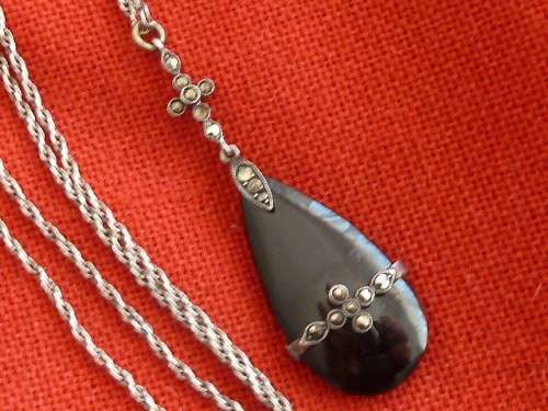 Victorian Silver Chain with Marcasite on Jet-Stone Pendant