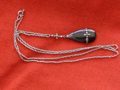 Victorian Silver Chain with Marcasite on Jet-Stone Pendant