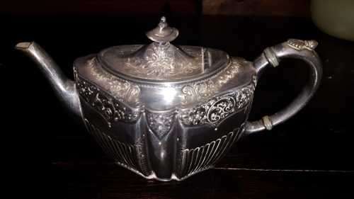 ** James Dixon Britannia Metal Ornate Teapot with Trumpet Mark JD&S & EPBM (8801) **