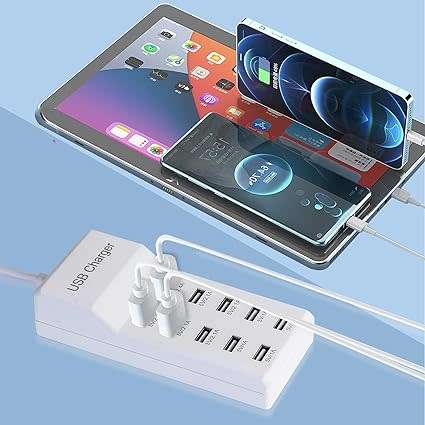 USB Charger, 5V 10A (50W) USB Charging Station with 10-Port Home-Sized Smart USB Port