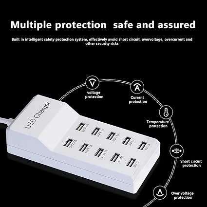 USB Charger, 5V 10A (50W) USB Charging Station with 10-Port Home-Sized Smart USB Port