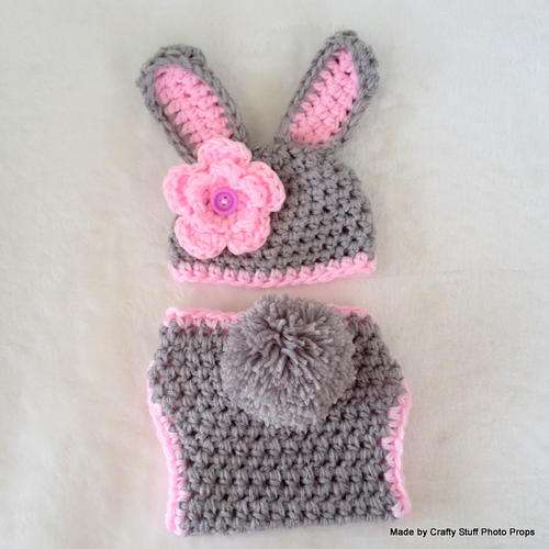 Crafty Stuff : Grey and Pink Bunny set 0-3 months MADE TO ORDER