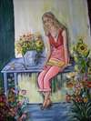 GIRL SITTING ON TABLE WITH BIRDS AND FLOWERS BY HYLA COETZEE