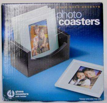 Set of 4 Glass Photo coasters with wood holder