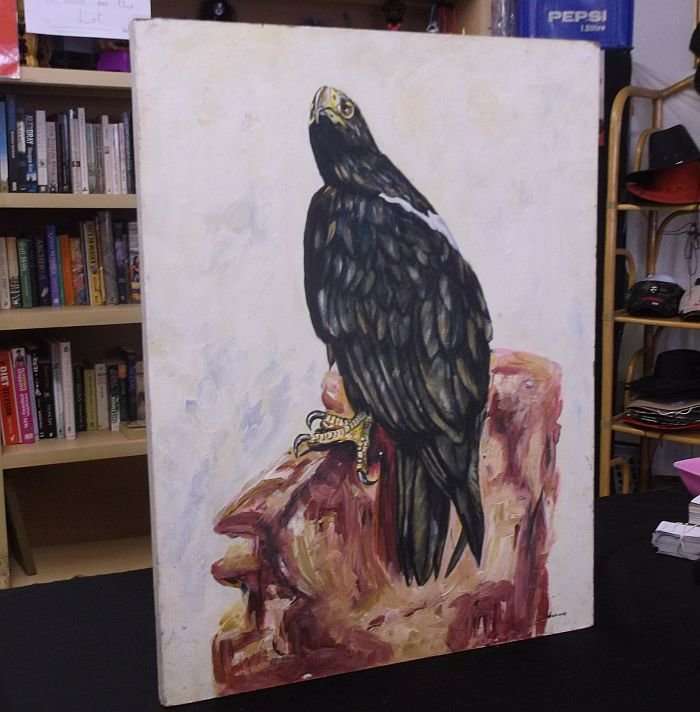 A BEAUTIFULLY PAINTED BIG ORIGINAL OIL ON BOARD OF AN EAGLE SIGNED BY THE ARTIST ...WESSIE ...WOW !!