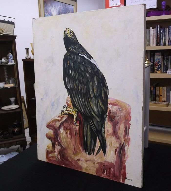 A BEAUTIFULLY PAINTED BIG ORIGINAL OIL ON BOARD OF AN EAGLE SIGNED BY THE ARTIST ...WESSIE ...WOW !!