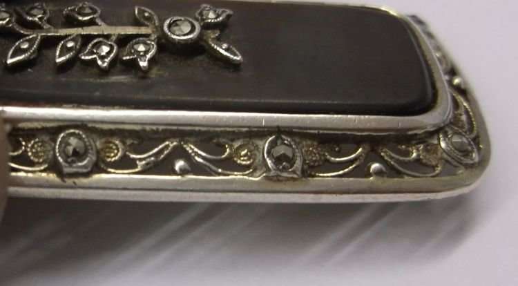 A GORGEOUS VINTAGE STERLING SILVER BROOCH WITH ABALONE AND MARCASITE ...FILIGREE TOO !!! WOW !!!