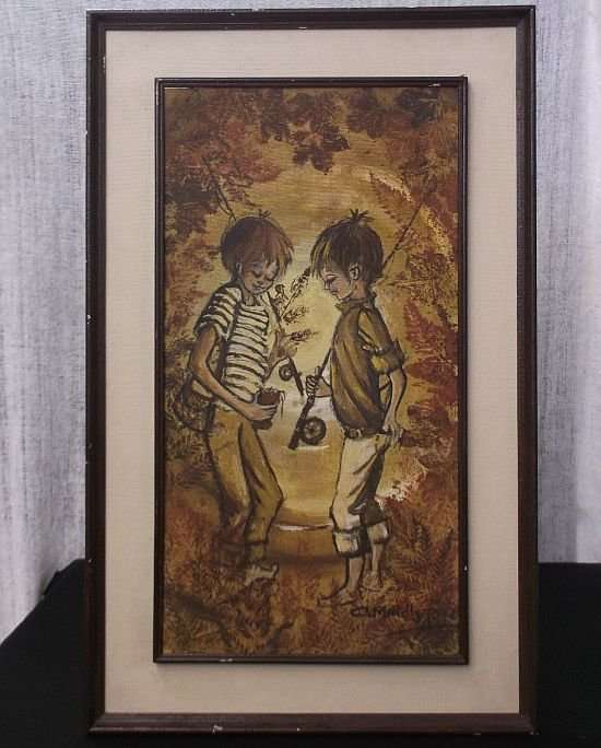 TO MAKE US SMILE ...AN ORIGINAL OIL ON BOARD OF TWO "FISHERMEN" ON THEIR WAY TO THE RIVER...SIGNED