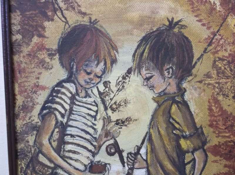 TO MAKE US SMILE ...AN ORIGINAL OIL ON BOARD OF TWO "FISHERMEN" ON THEIR WAY TO THE RIVER...SIGNED