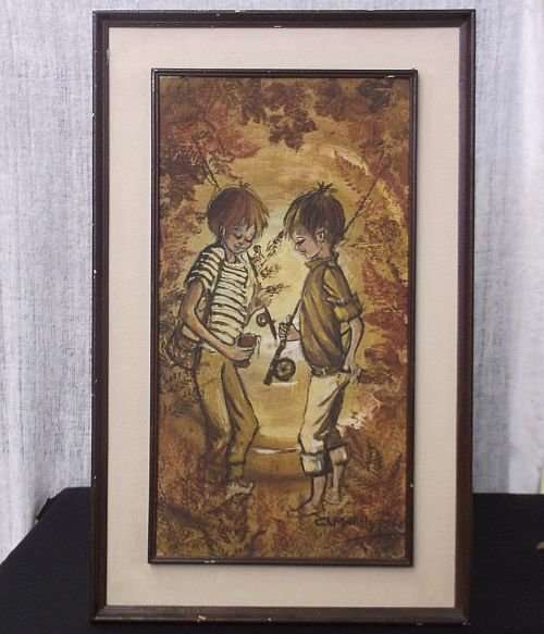 TO MAKE US SMILE ...AN ORIGINAL OIL ON BOARD OF TWO "FISHERMEN" ON THEIR WAY TO THE RIVER...SIGNED