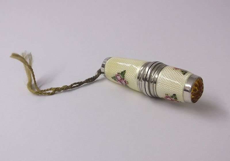 WOW !!! A BEAUTIFUL RARE OLD STERLING SILVER AND ENAMEL ETUI WITH SEWING CONTENTS ...AMAZING !!!!!!!