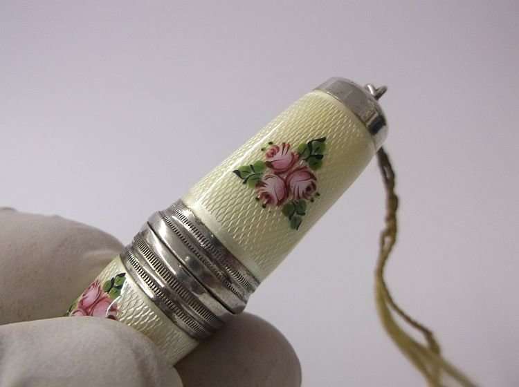 WOW !!! A BEAUTIFUL RARE OLD STERLING SILVER AND ENAMEL ETUI WITH SEWING CONTENTS ...AMAZING !!!!!!!