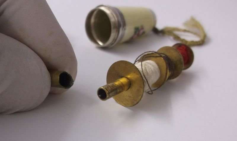 WOW !!! A BEAUTIFUL RARE OLD STERLING SILVER AND ENAMEL ETUI WITH SEWING CONTENTS ...AMAZING !!!!!!!