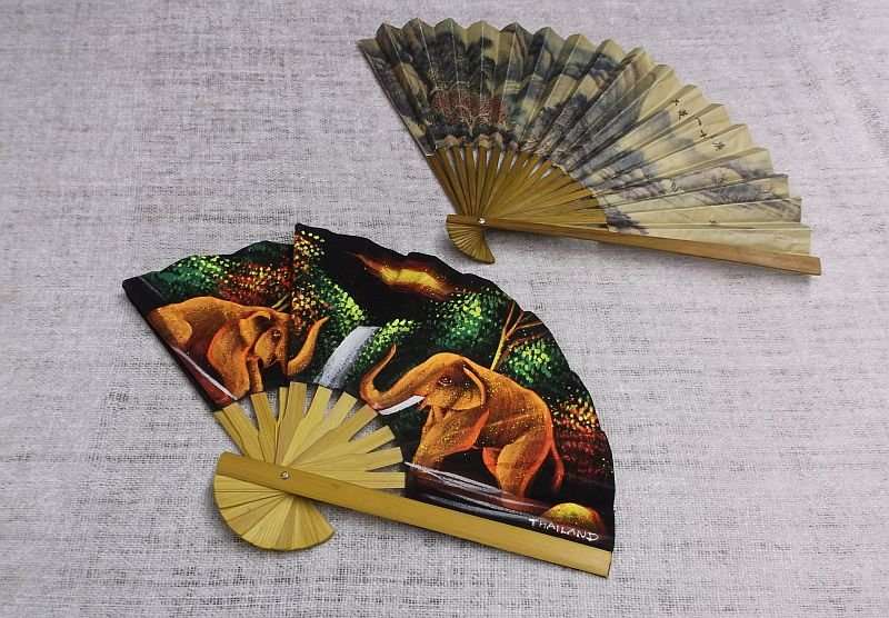 STUNNING !! TWO VINTAGE HAND HELD ORIENTAL FANS ...ONE HAND PAINTED FROM THAILAND...WOW !!!!