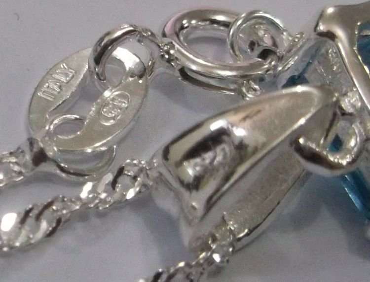 A STUNNING STERLING SILVER PENDANT WITH FACETED LIGHT BLUE STONE PLUS 45 CM STERLING SILVER NECKLACE