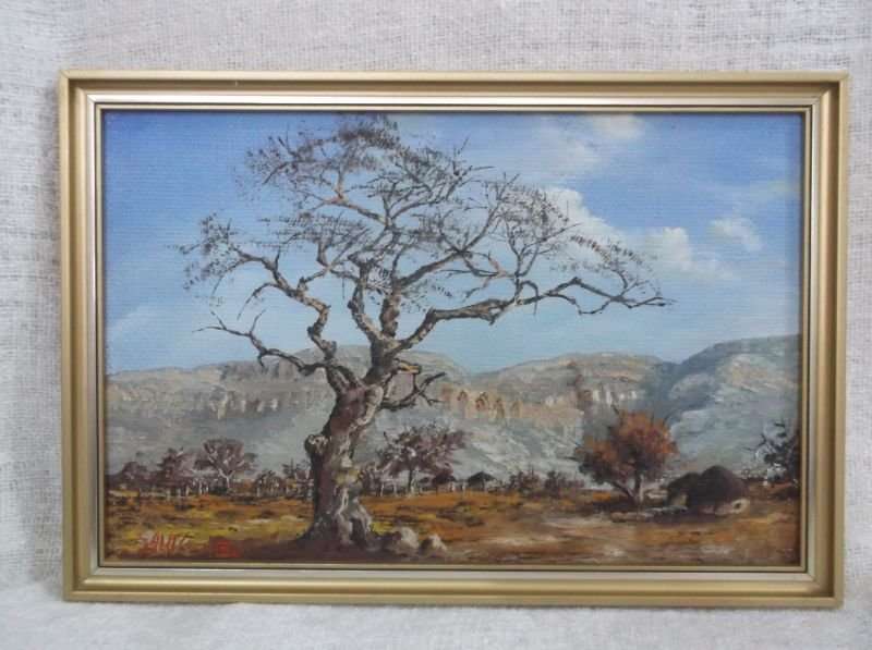 A WELL PAINTED ORIGINAL & SIGNED OIL ON BOARD DEPICTING A TRULY AFRICAN LANDSCAPE ...J VENTER ...