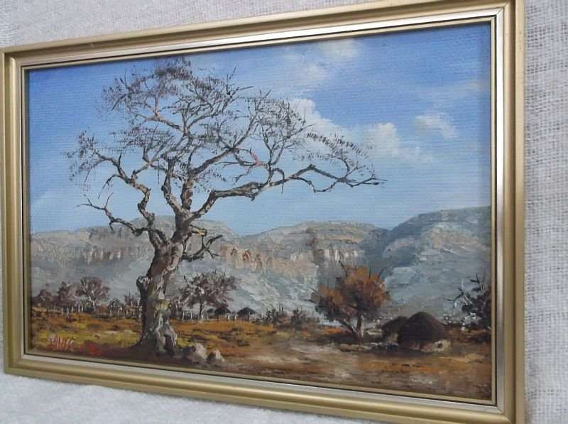 A WELL PAINTED ORIGINAL & SIGNED OIL ON BOARD DEPICTING A TRULY AFRICAN LANDSCAPE ...J VENTER ...