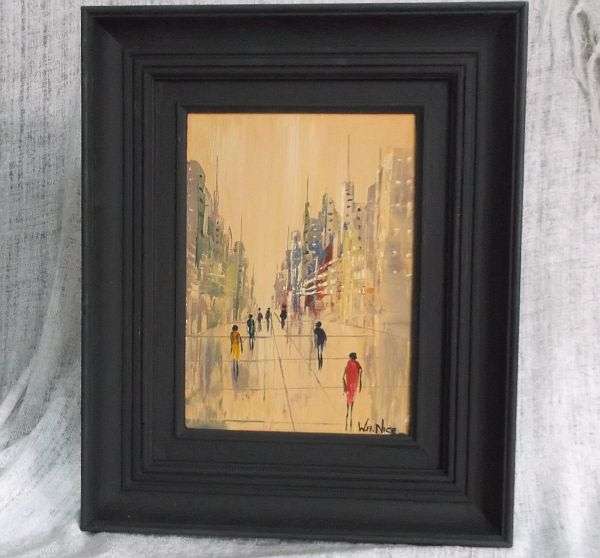 AN INTERESTING ORIGINAL OIL ON BOARD ...CITY SCENE ....SIGNED BY THE ARTIST W.A. NICE