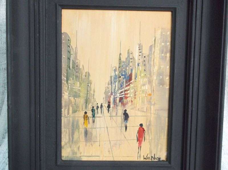 AN INTERESTING ORIGINAL OIL ON BOARD ...CITY SCENE ....SIGNED BY THE ARTIST W.A. NICE
