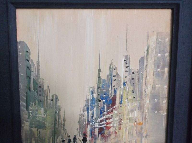 AN INTERESTING ORIGINAL OIL ON BOARD ...CITY SCENE ....SIGNED BY THE ARTIST W.A. NICE