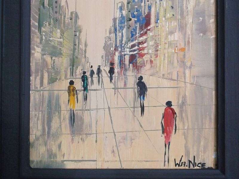 AN INTERESTING ORIGINAL OIL ON BOARD ...CITY SCENE ....SIGNED BY THE ARTIST W.A. NICE