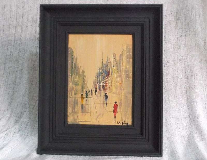 AN INTERESTING ORIGINAL OIL ON BOARD ...CITY SCENE ....SIGNED BY THE ARTIST W.A. NICE