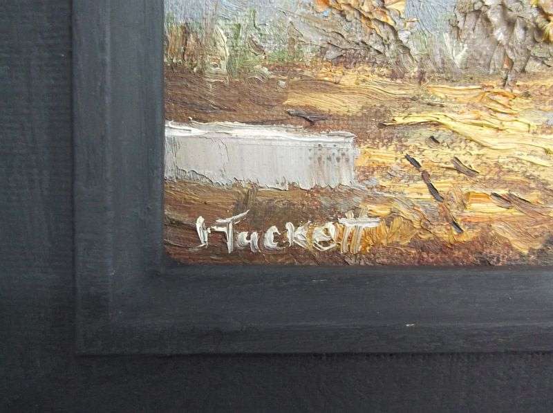 A LOVELY ORIGINAL OIL ON BOARD BY JUNE TUCKETT DEPICTING A HOMESTEAD SURROUNDED BY A MOUNTAIN RANGE