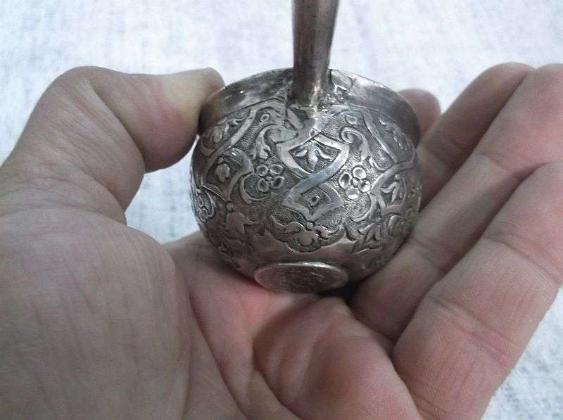 AN INTRIGUING NORWEGIAN SILVER BOWL LADLE SET WITH A 308 YEAR OLD COIN REIGN OF KING FREDERICK IV