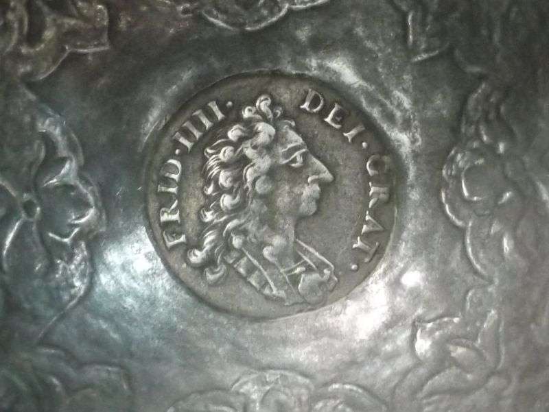 AN INTRIGUING NORWEGIAN SILVER BOWL LADLE SET WITH A 308 YEAR OLD COIN REIGN OF KING FREDERICK IV