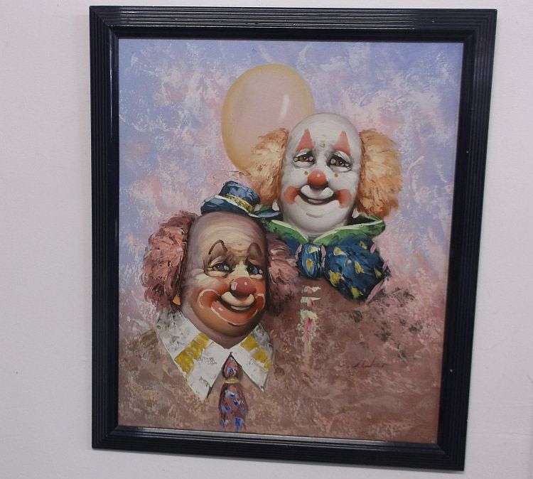 A TRULY EYE CATCHING SIGNED ORIGINAL OIL ON BOARD PAINTING OF TWO CLOWNS...THEY ALL FLOAT !!