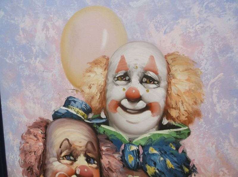 A TRULY EYE CATCHING SIGNED ORIGINAL OIL ON BOARD PAINTING OF TWO CLOWNS...THEY ALL FLOAT !!