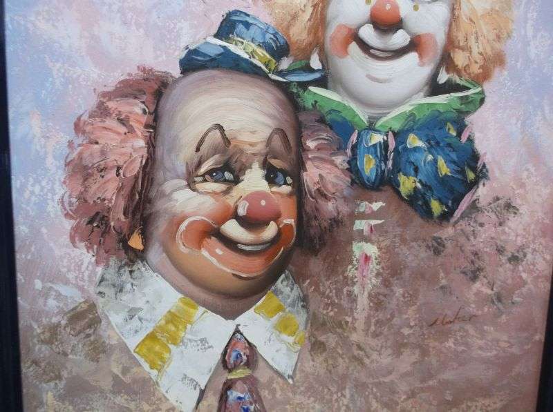A TRULY EYE CATCHING SIGNED ORIGINAL OIL ON BOARD PAINTING OF TWO CLOWNS...THEY ALL FLOAT !!