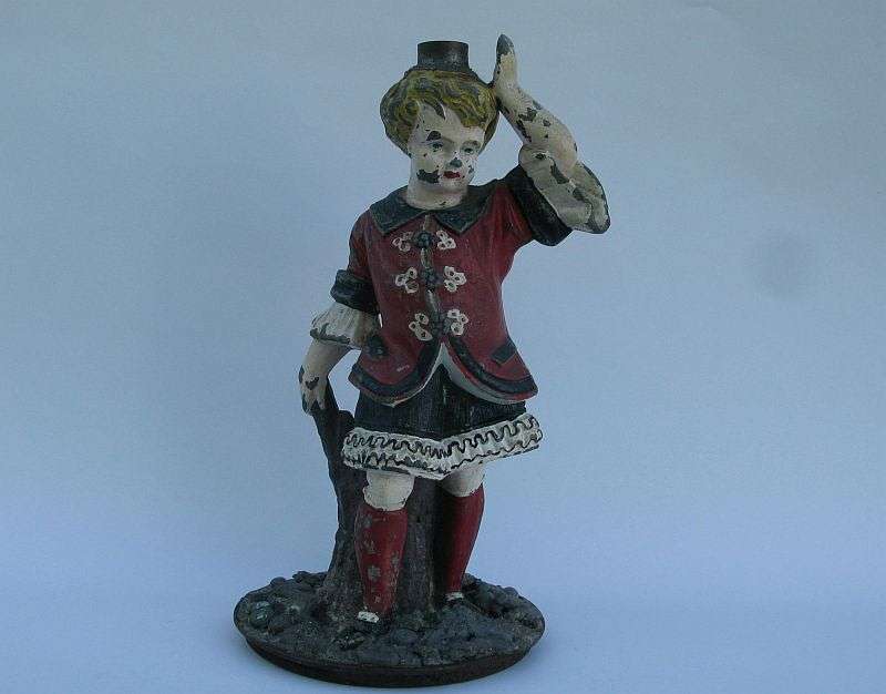 A CHARACTERFUL OLD BOY FIGURE LEAD OR OTHER HEAVY METAL HAND PAINTED LAMP BASE