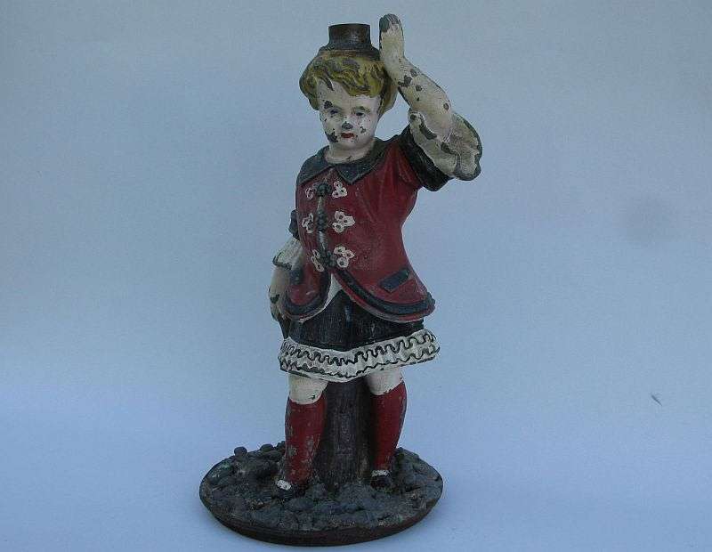 A CHARACTERFUL OLD BOY FIGURE LEAD OR OTHER HEAVY METAL HAND PAINTED LAMP BASE