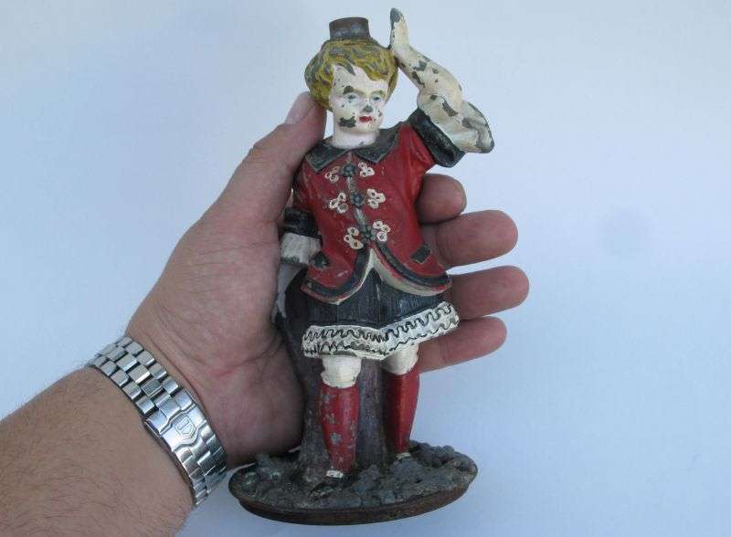 A CHARACTERFUL OLD BOY FIGURE LEAD OR OTHER HEAVY METAL HAND PAINTED LAMP BASE