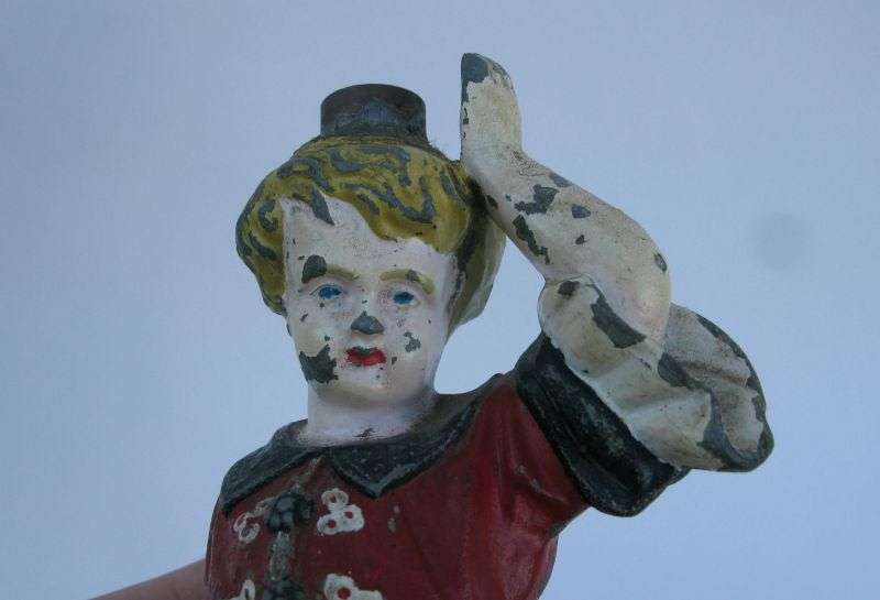 A CHARACTERFUL OLD BOY FIGURE LEAD OR OTHER HEAVY METAL HAND PAINTED LAMP BASE