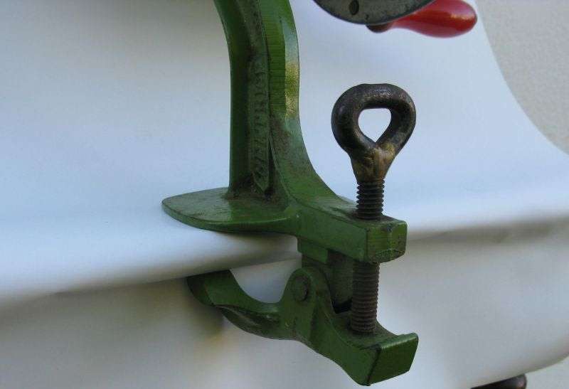 BRILLIANT RARE VINTAGE MEAT SLICER BY BEATRICE ENGLAND ...CAST IRON WITH COUNTER CLAMP ...WOW !!!!