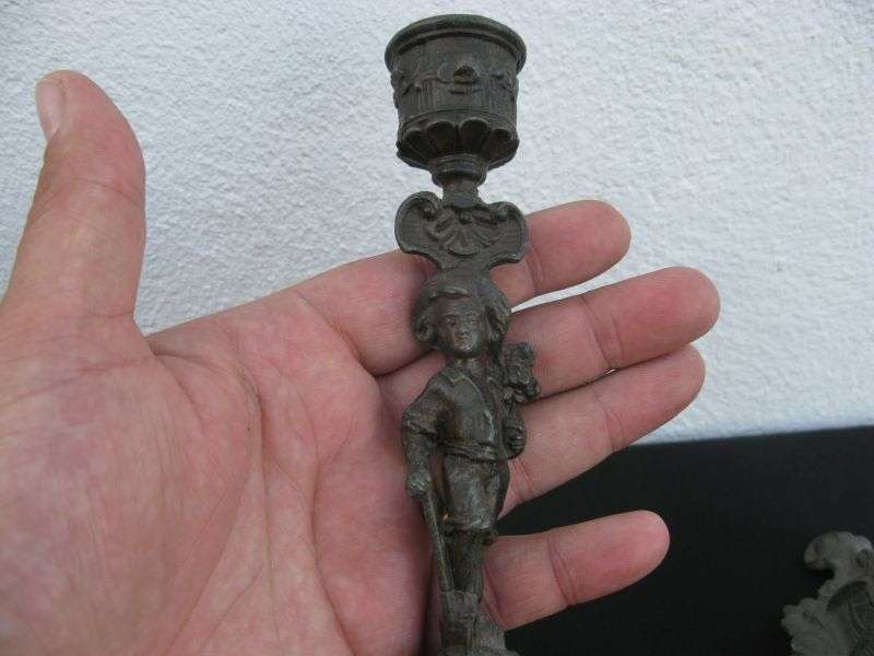 GREAT FIND !! AN ADORABLE OLD PAIR OF FIGURAL METAL CANDLE HOLDERS ...SWEET !!
