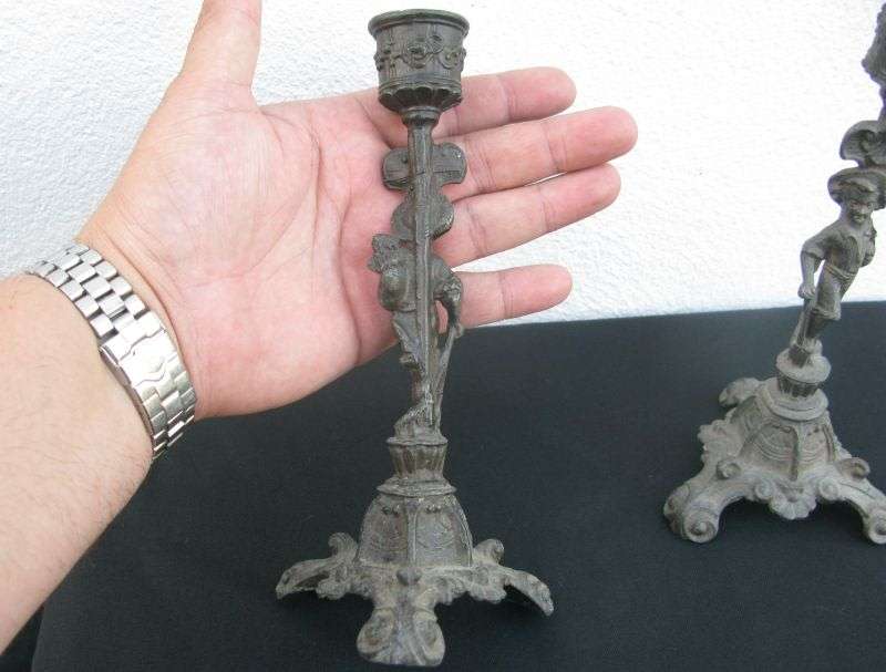 GREAT FIND !! AN ADORABLE OLD PAIR OF FIGURAL METAL CANDLE HOLDERS ...SWEET !!