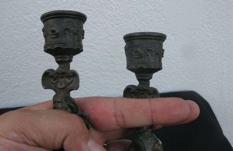 GREAT FIND !! AN ADORABLE OLD PAIR OF FIGURAL METAL CANDLE HOLDERS ...SWEET !!