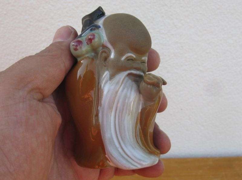 A LOVELY VINTAGE NUMBERED CHINESE CLAY IMMORTAL FIGURE WITH WOODEN STAND ...TOO CUTE !!