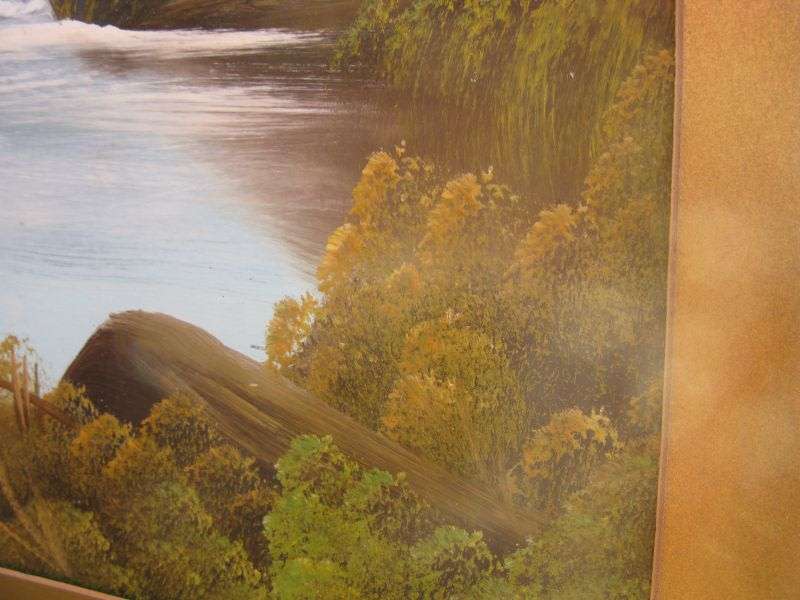 AN ANTIQUE ORIGINAL OIL ON BOARD OF A TRANQUIL WATERFALL AND FLOWING MOUNTAIN BACKGROUND