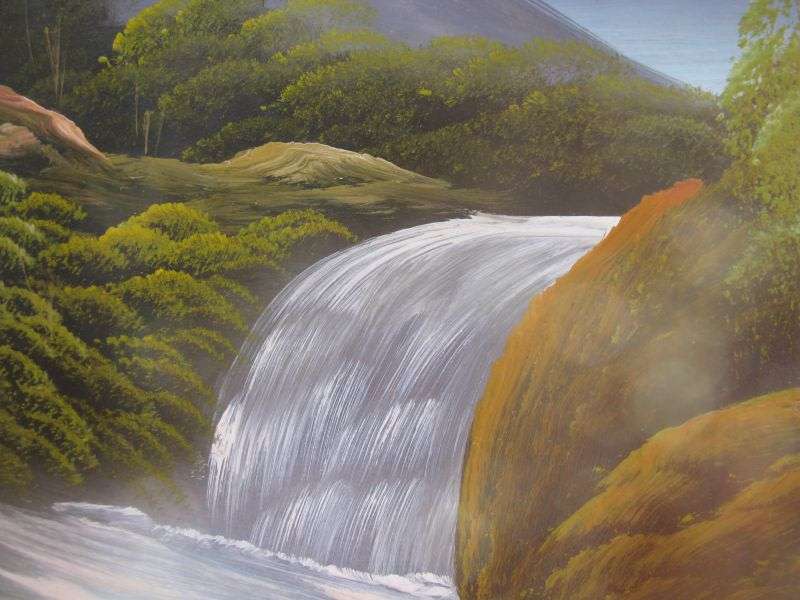 AN ANTIQUE ORIGINAL OIL ON BOARD OF A TRANQUIL WATERFALL AND FLOWING MOUNTAIN BACKGROUND