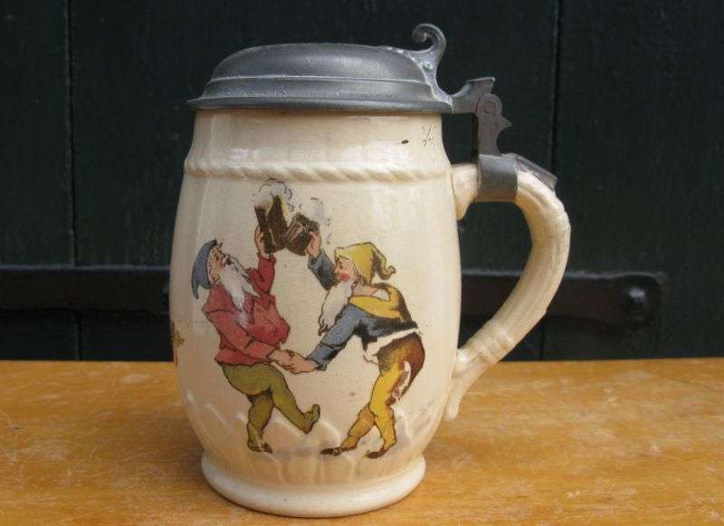 SCARCE !! AN ADORABLE ANTIQUE GERMAN TANKARD WITH PEWTER LID AND THE CUTEST DETAILS !!