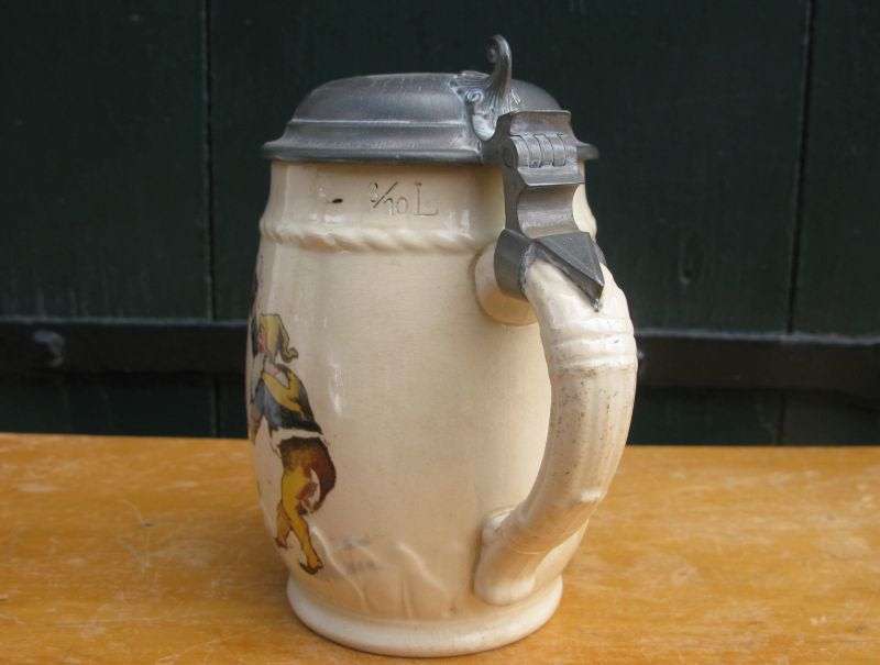 SCARCE !! AN ADORABLE ANTIQUE GERMAN TANKARD WITH PEWTER LID AND THE CUTEST DETAILS !!