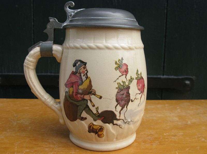 SCARCE !! AN ADORABLE ANTIQUE GERMAN TANKARD WITH PEWTER LID AND THE CUTEST DETAILS !!