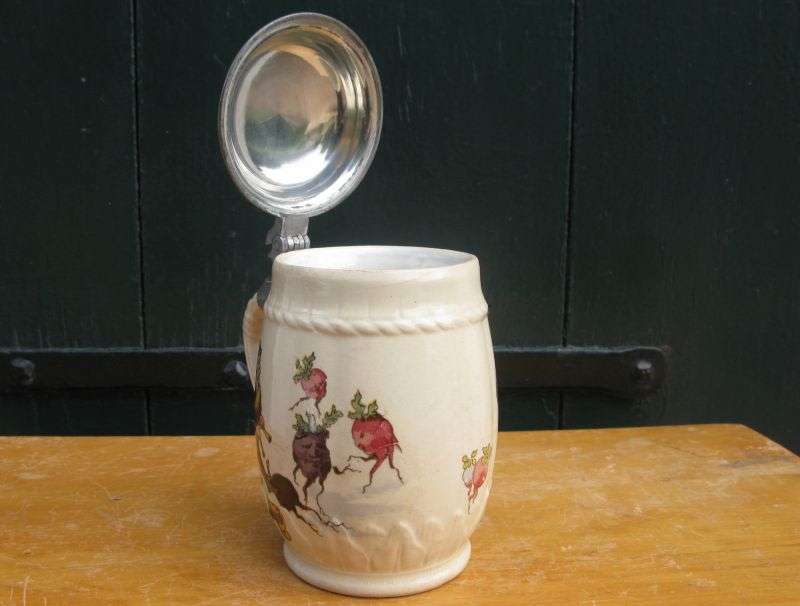 SCARCE !! AN ADORABLE ANTIQUE GERMAN TANKARD WITH PEWTER LID AND THE CUTEST DETAILS !!